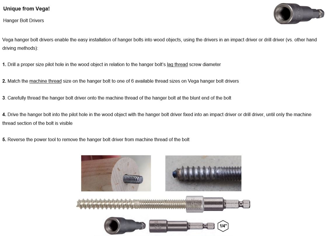  Vega Hanger Bolt Drivers Instructions