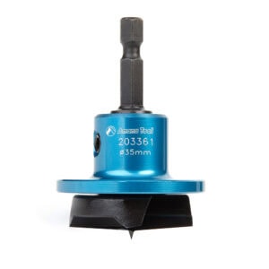 Amana Tool Carbide-Tipped 2 Wing Hinge Boring Bit with Spurs with Adjustable Depth-Stop 35mm Dia x 1/4 Inch Quick Release Hex Shank