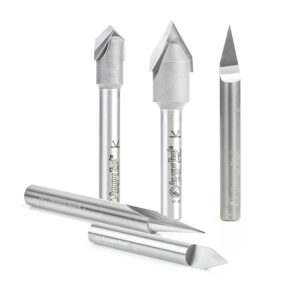 Amana Tool 5-Pc Solid Carbide and Carbide Tipped 18, 30, 45, 60 & 90 Degree V-Groove Router Bit Pack, 1/4 Inch Shank